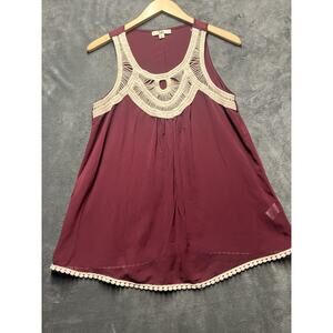 Ya LosAngelos Tank Top Woman L Burgundy Crochet Neck Sheer Flowy Festival Grunge
